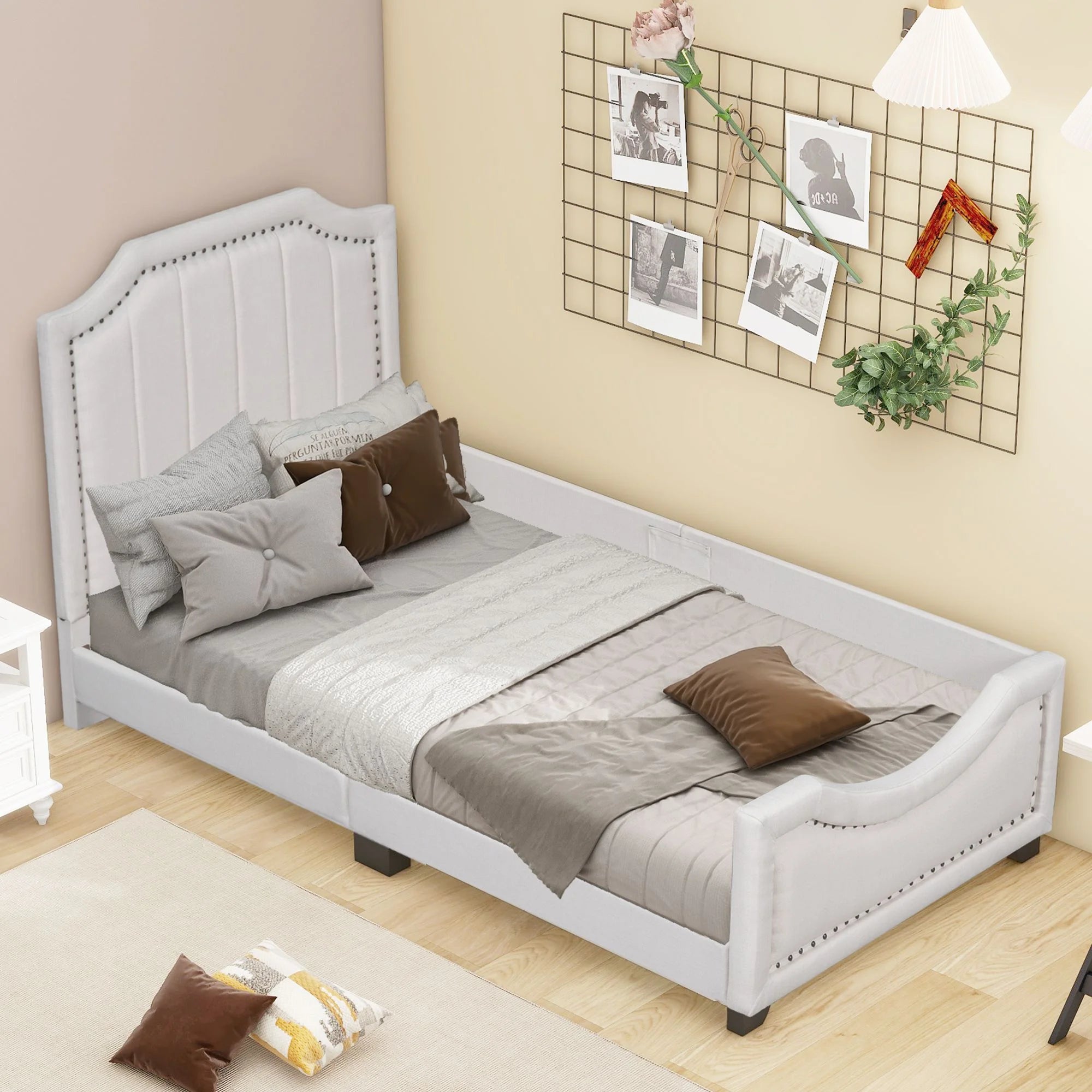 Twin Upholstered Platform Bed with Nailhead Trim and Guardrail D752