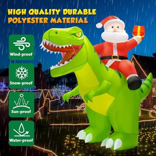 9x8FT Christmas Inflatables Santa Riding Dinosaur with LED Lights C523025