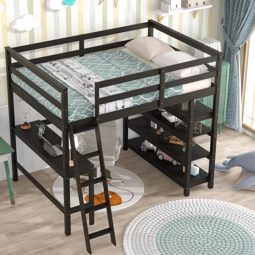 Full Size Wooden Loft Bed with Desk and Storage Shelves H747
