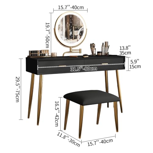 Black 31.5in Vanity Desk Set with 360° Rotating Mirror and Lights, 2 Drawers, Stool M352738