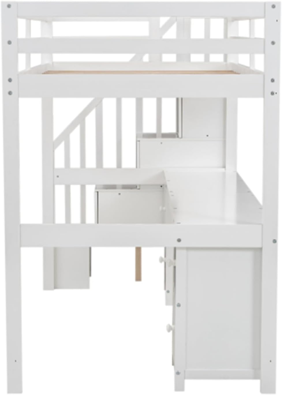 White double loft bunk bed frame with built-in desk and storage drawers A9652