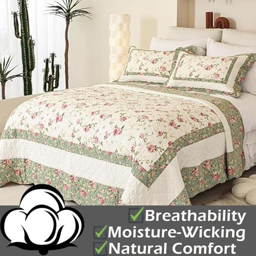 Pink Rose Floral Patchwork Cotton Queen Size Quilted Comforter Set 3-Piece Y320