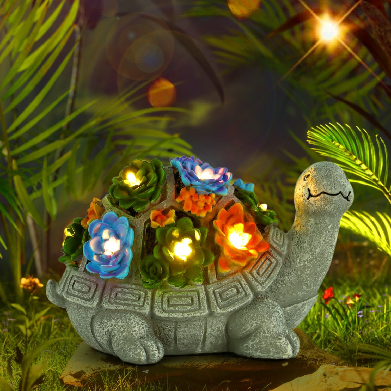 Turtle Statue with Succulent and 7 LED Colour Lights V4585