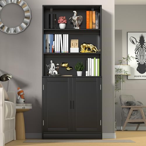 Black 5 Tier Tall Bookcase with Doors B4376