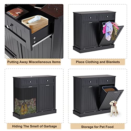 White Wooden Tilt Out Trash Cabinet with Hideaway Drawer and Bamboo Cutting Board I6674