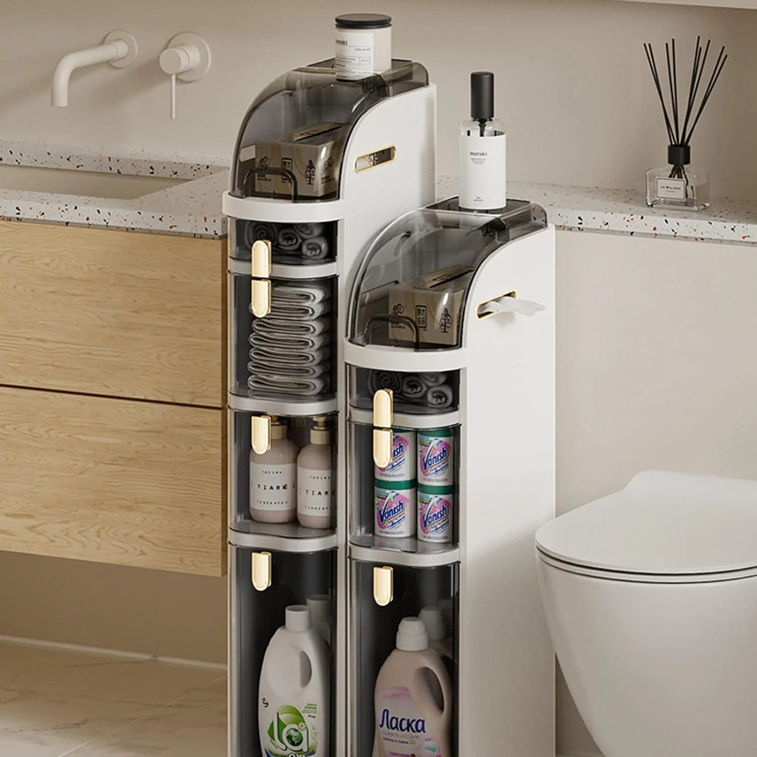 4-Tiers Narrow Bathroom Floor Cabinet with Clear Drawers W78179
