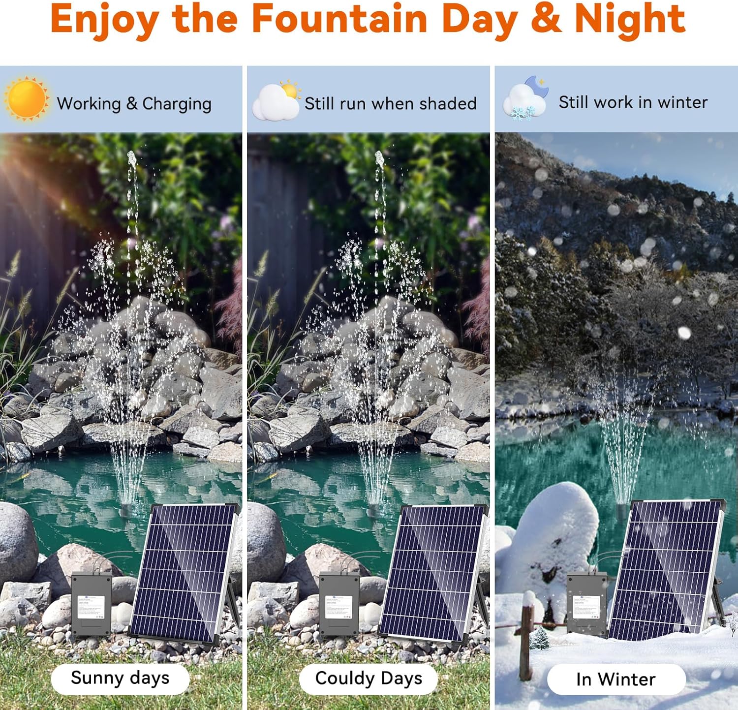 Solar Pond Pump with 2200mAh Battery Backup, 12W Solar Fountain Pump 160GPH Flow Adjustable with 6.6FT PVC Tubing D94721