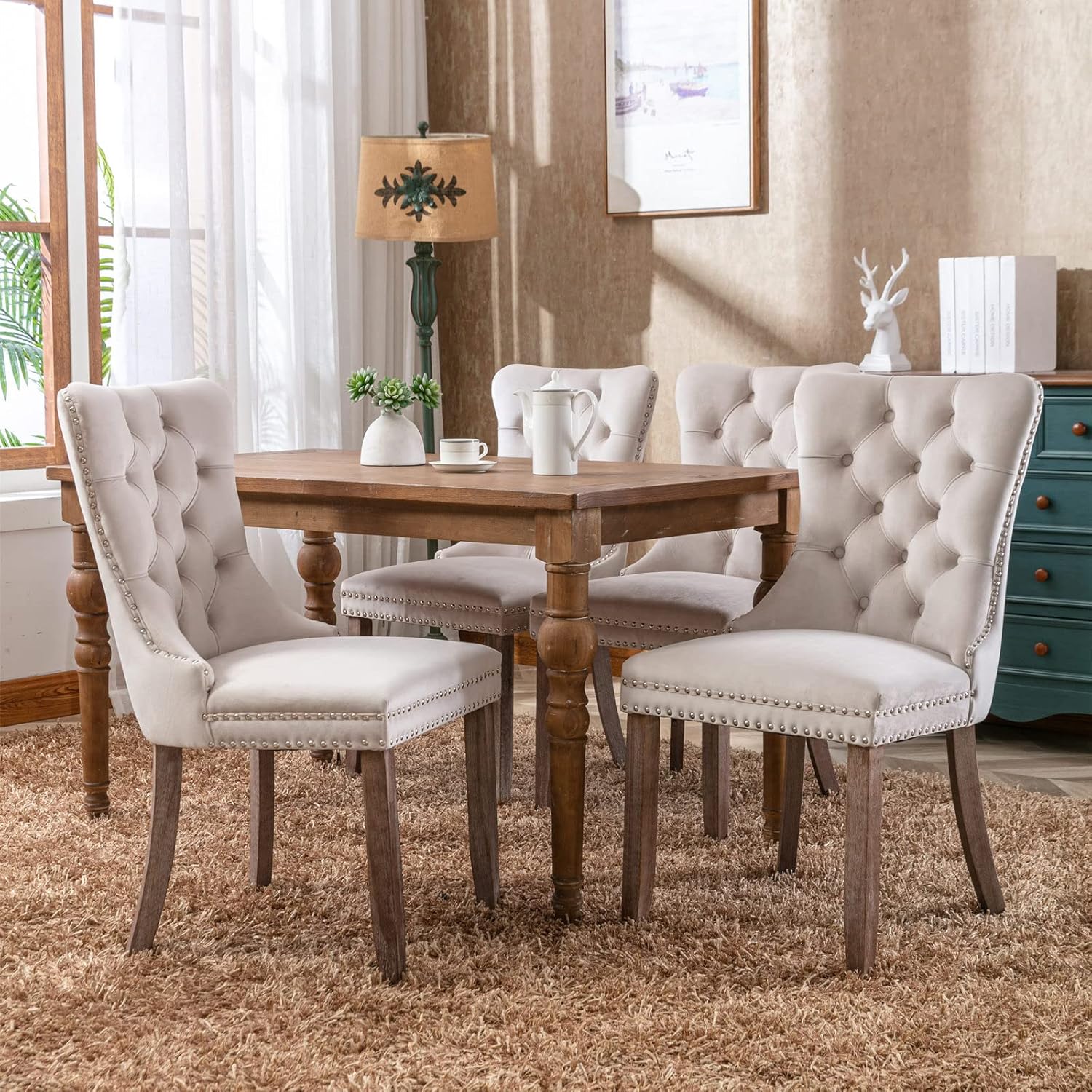 Beige Velvet Upholstered Dining Chair 2-Pcs Set D8271