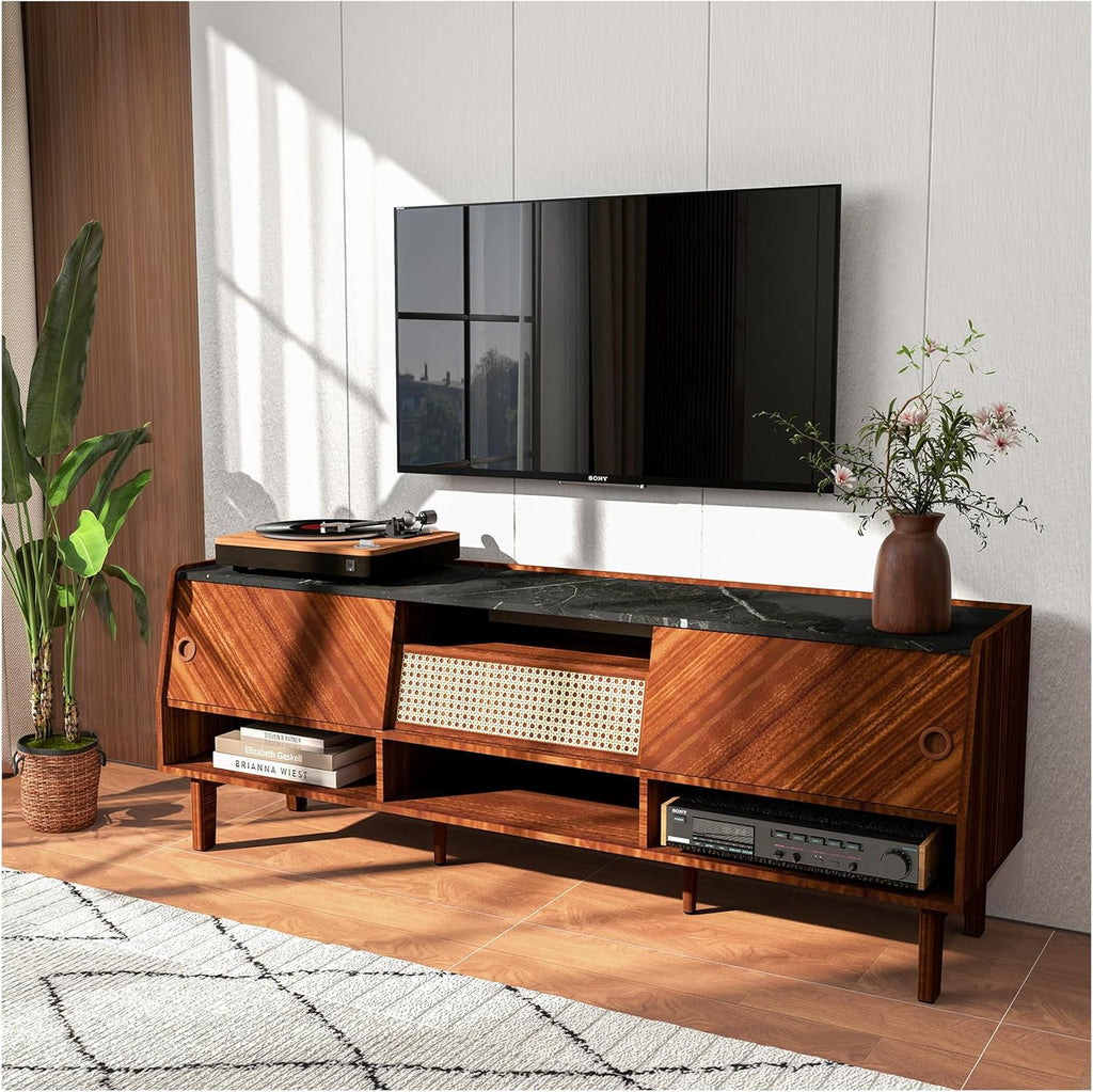 Walnut 67 inch TV Stand with Rattan Drawer M97922