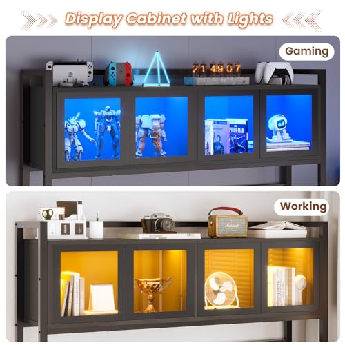 Rustic Brown L Shaped Gaming Desk with Drawers, Hutch, Storage Shelves, Pegboard, Led Lights, and Power Outlet Y873