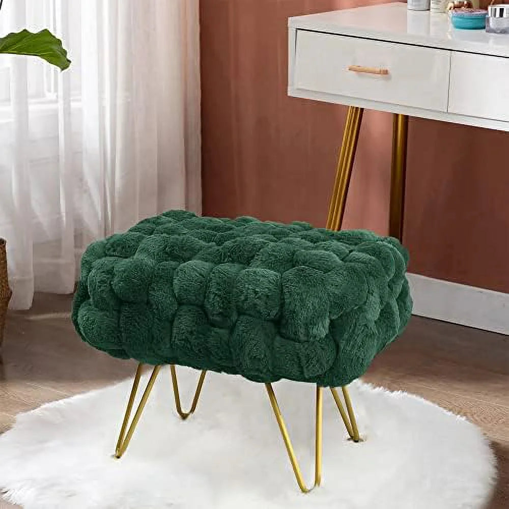 Pink Soft Faux Ottoman Fuzzy Bench Seat 27"x20"x19" Sturdy Accent Coffee Table Fluffy Shoe Stool with Golden Legs H35530