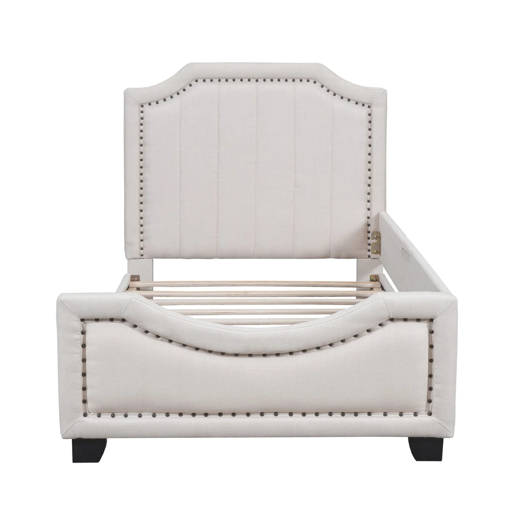 Twin Upholstered Platform Bed with Nailhead Trim and Guardrail D752