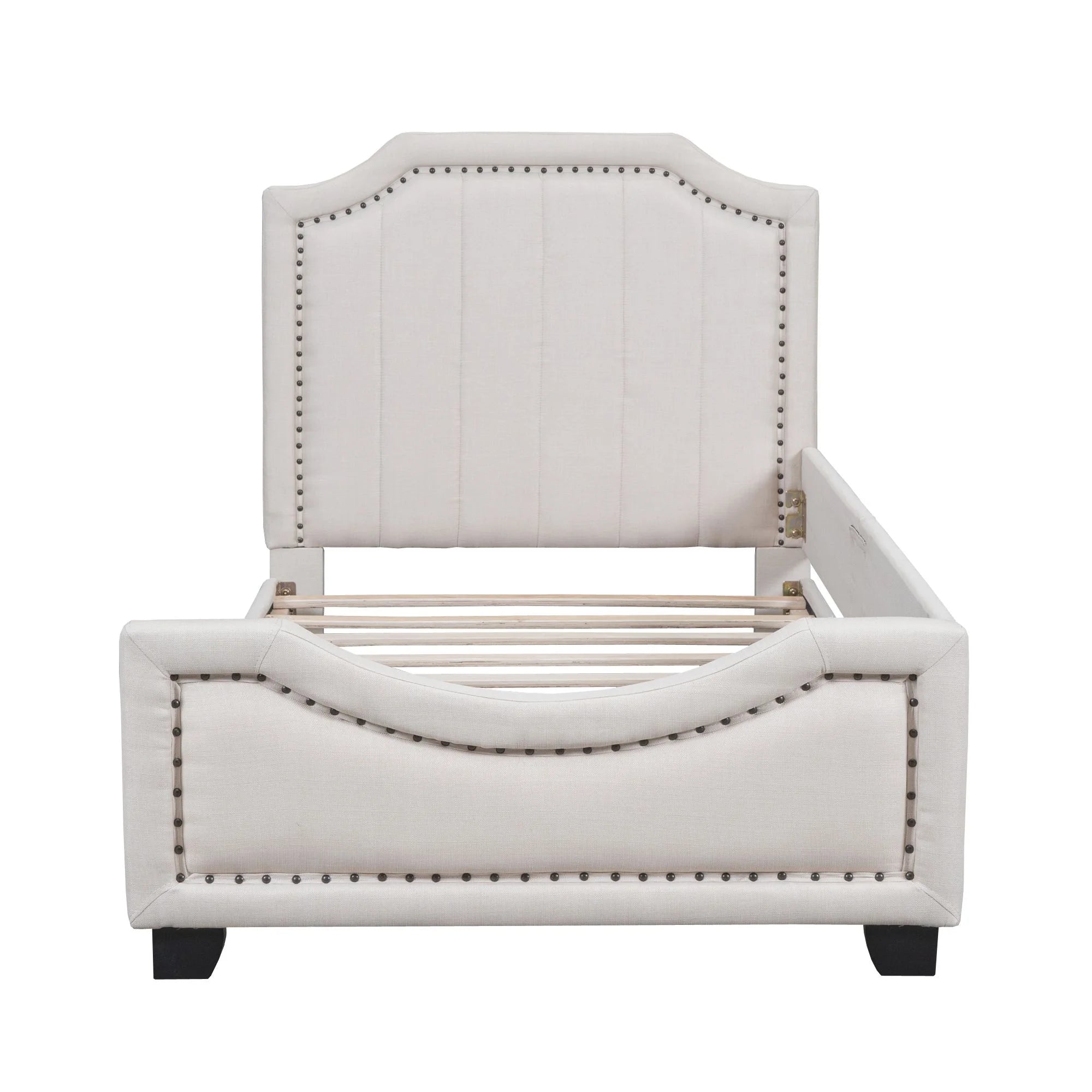 Twin Upholstered Platform Bed with Nailhead Trim and Guardrail D752