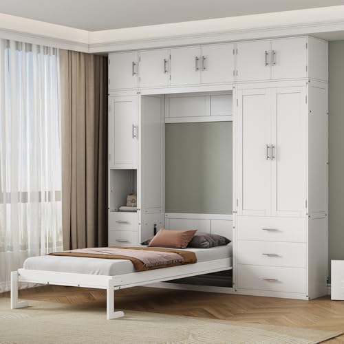 Full Size Wood Murphy Bed with Storage Shelves I58986