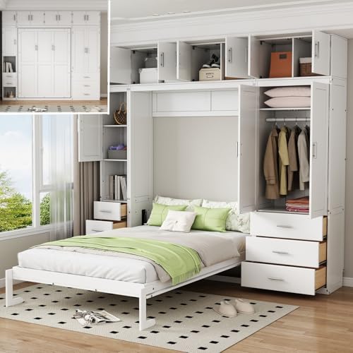Full Size Wood Murphy Bed with Storage Shelves I58986