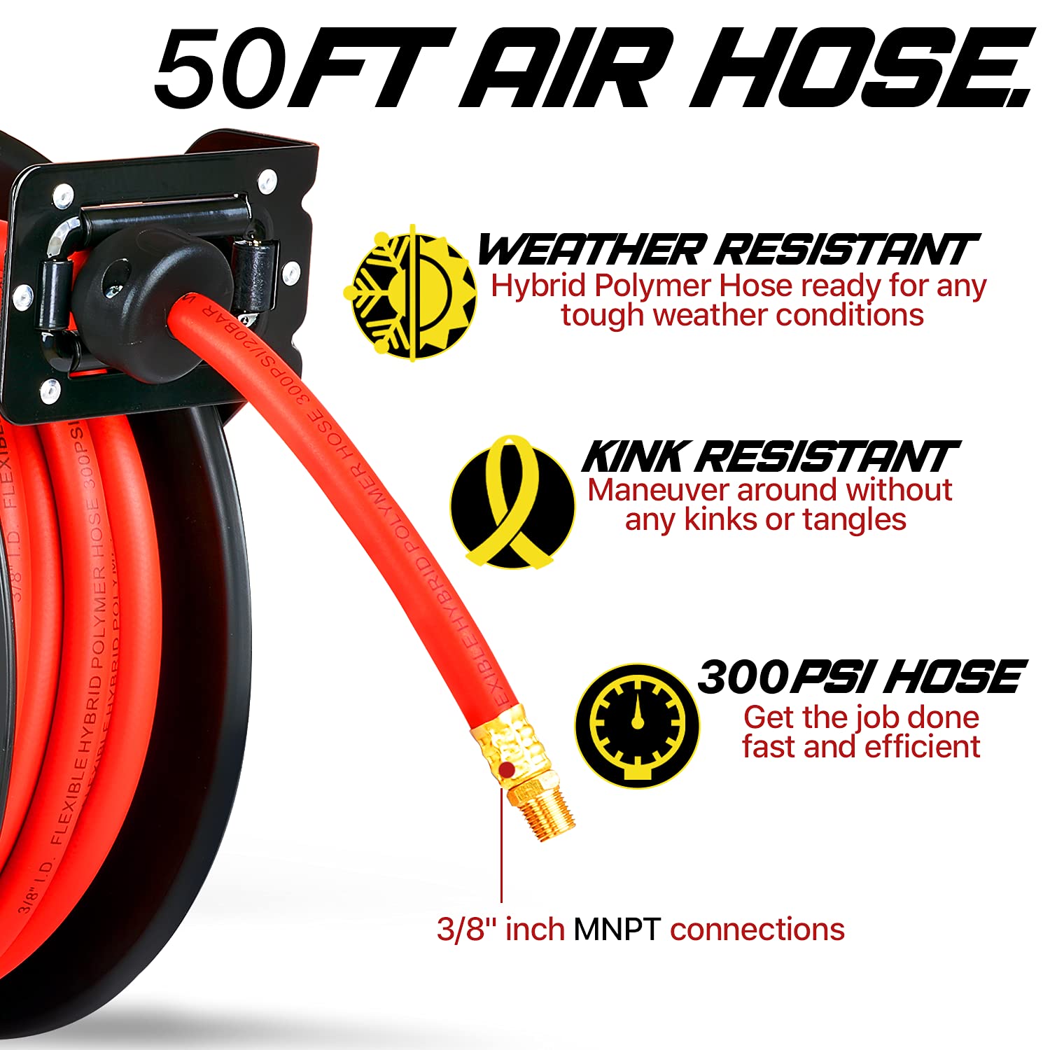 3/8" x 50' Retractable Hybrid Polymer Air Hose Reel D8425