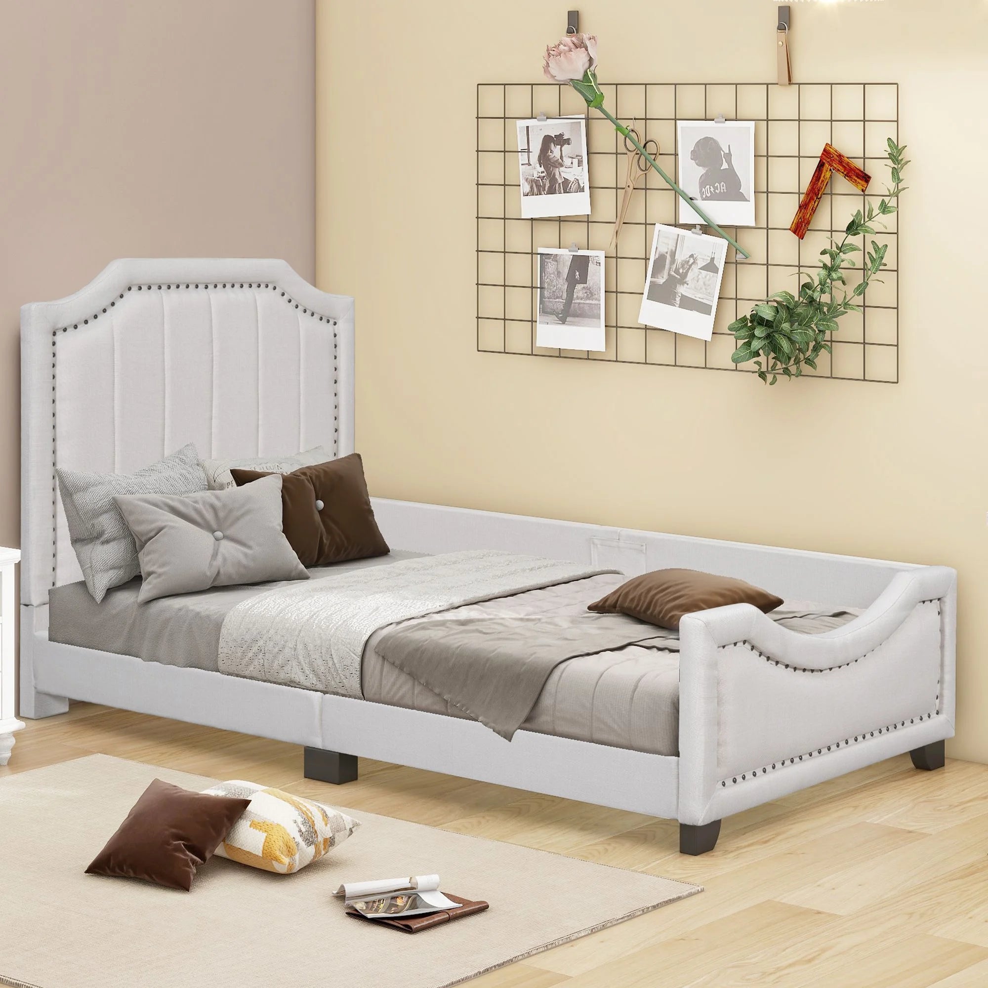 Twin Upholstered Platform Bed with Nailhead Trim and Guardrail D752