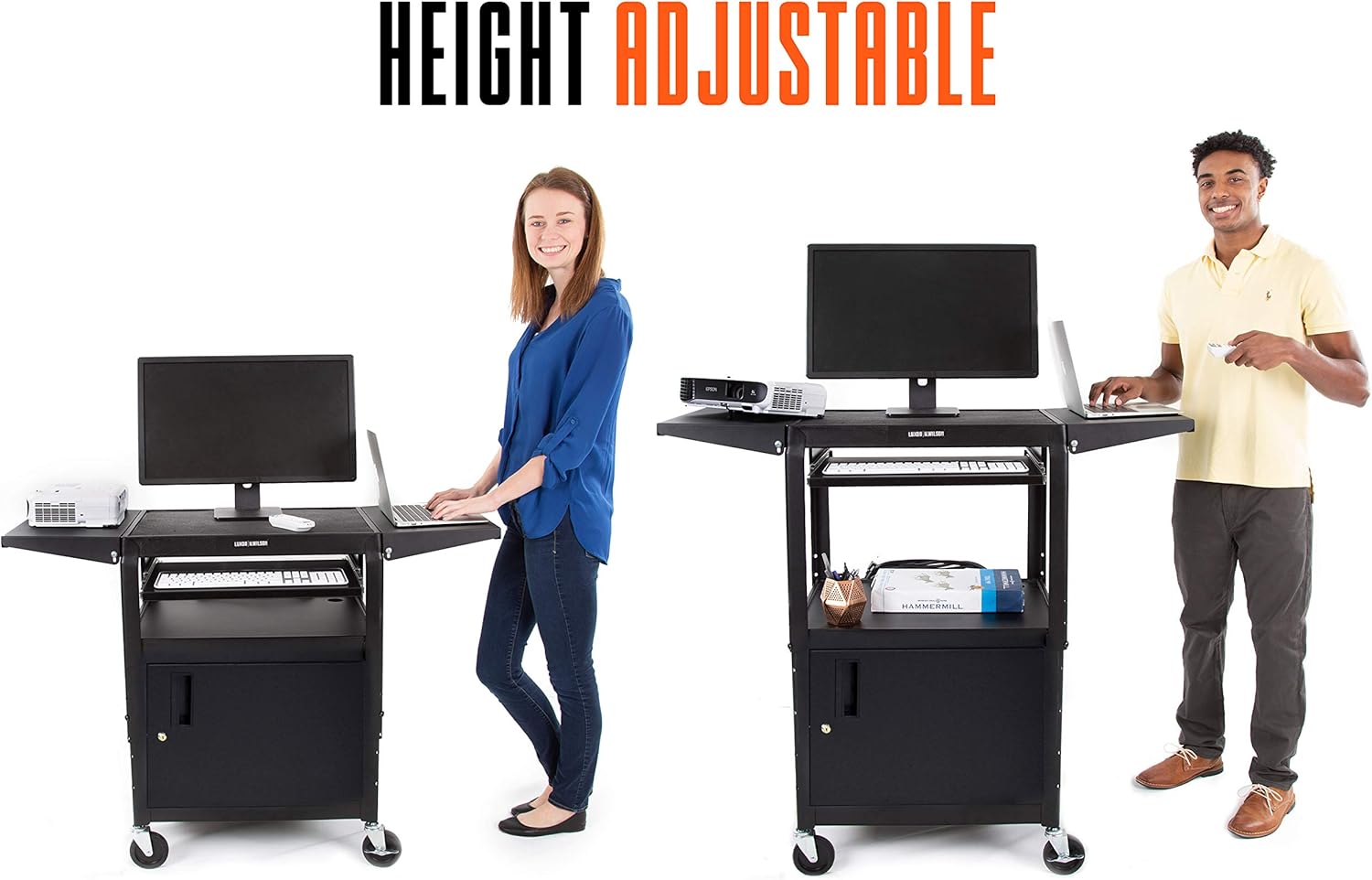 Black Height Adjustable Utility Cart with Locking Cabinet and Drop Leaves V789