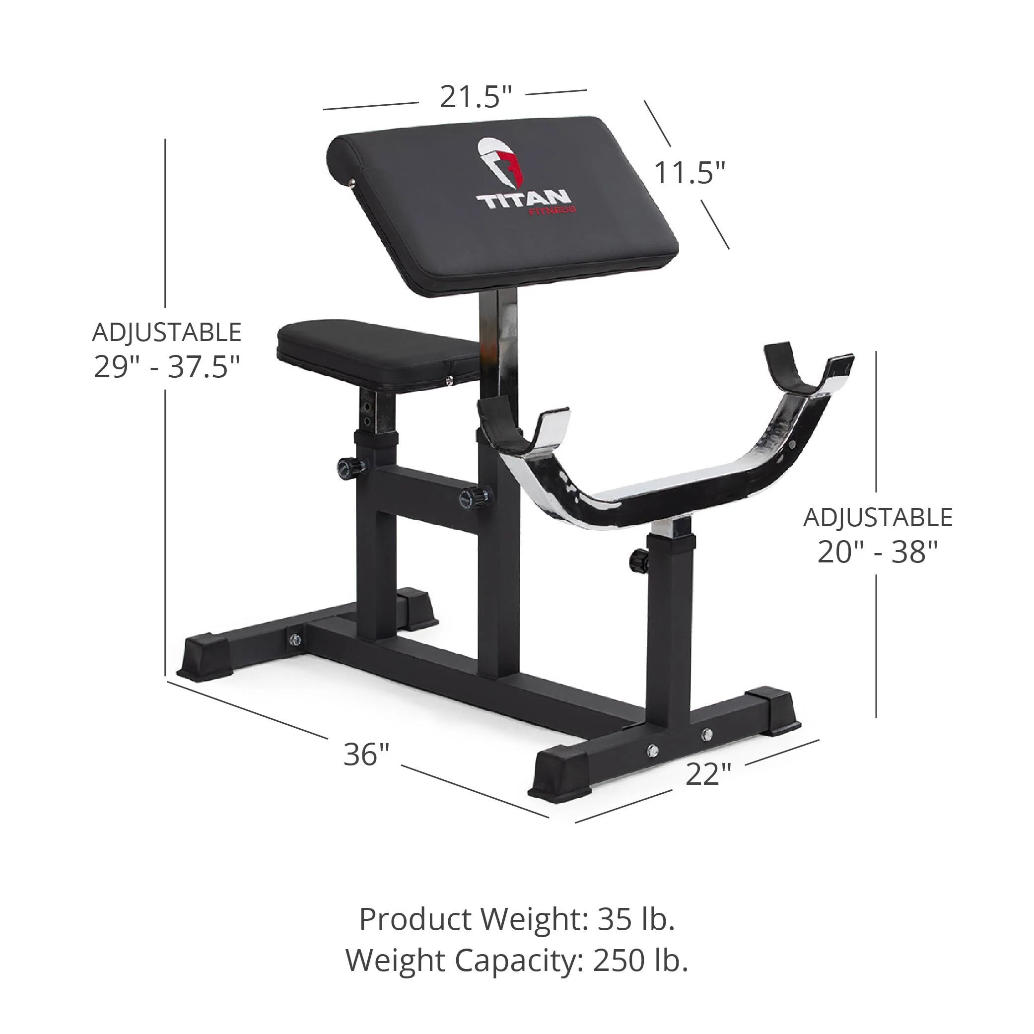 Adjustable Arm Preacher Curl Weight Station, Seated Strength Training Fitness Bench, Rated 250 LB F106