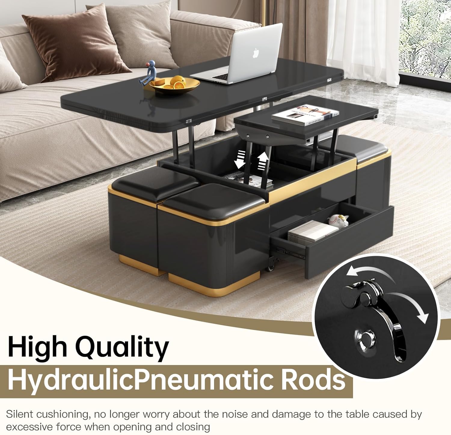 Black Lift Top Coffee Table with 4 Storage Stools M984146