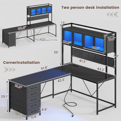Rustic Brown L Shaped Gaming Desk with Drawers, Hutch, Storage Shelves, Pegboard, Led Lights, and Power Outlet Y873
