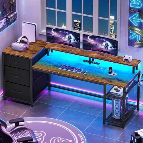 Rustic Brown Office Desk with Drawers and LED Lights L541