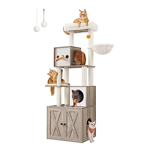70.8-Inch Tall Cat Tree with Litter Box Enclosure, Scratching Posts, Perch, Caves, Basket, Washable Cushions Y15795