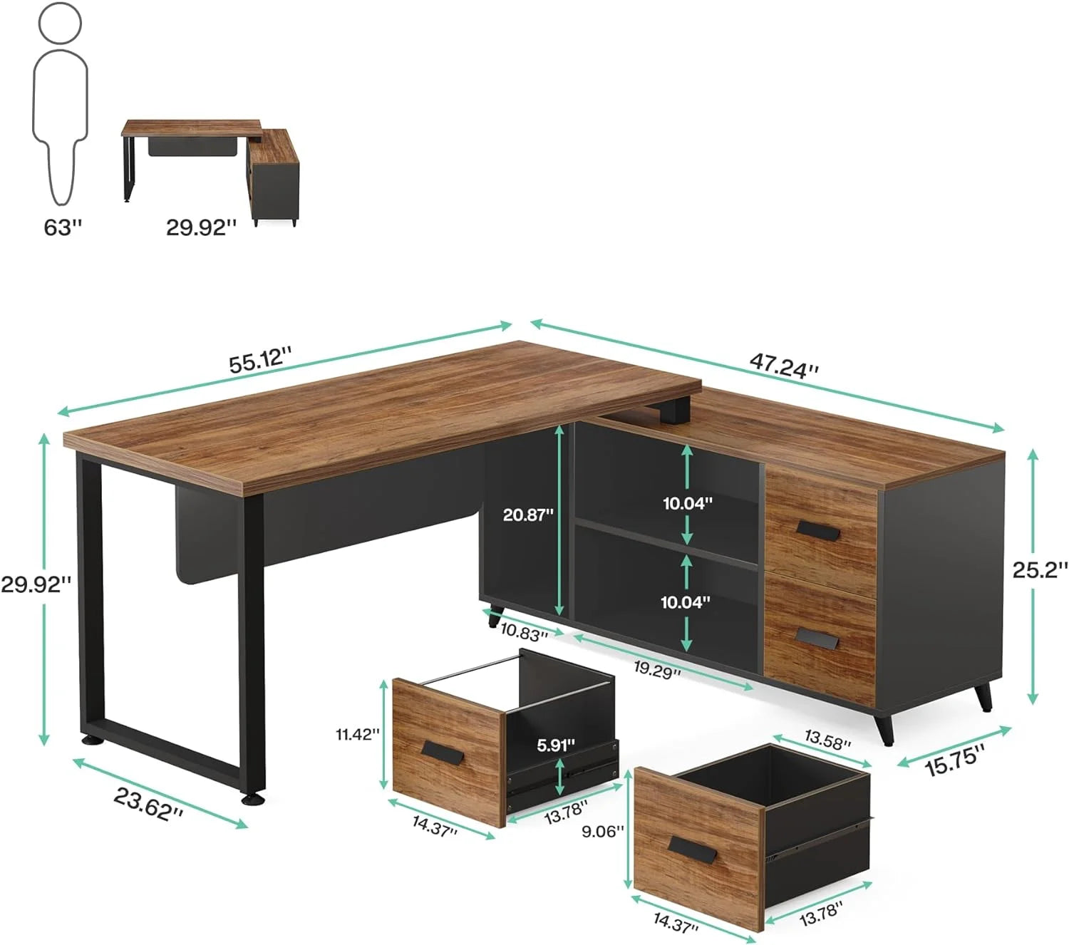 55 Inch L Shaped Desk with File Drawer Z9940