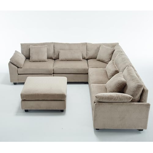 Oversized Corner Modular Sectional Sofa Set, L-Shaped Couch with Movable Ottoman and 7 Pillows, Corduroy Fabric Deep Seat 6 Seater Cloud Couch (Beige) V8367