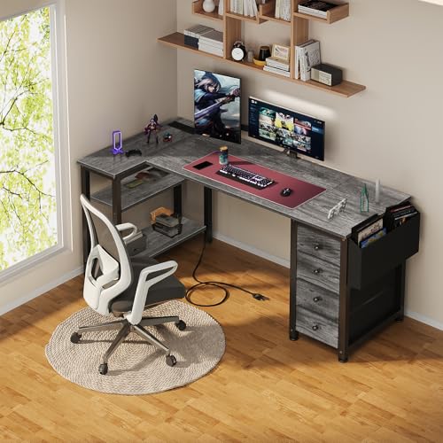 Black L Shaped Gaming Desk with Drawers & Storage Shelves, 47 Inch, Power Outlet L590214