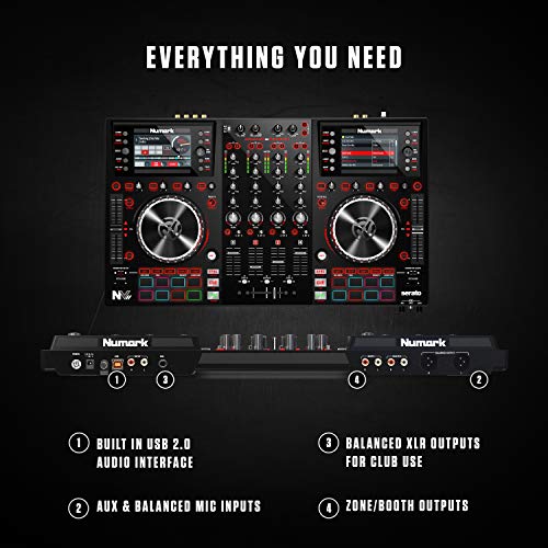 Four Deck DJ Controller with Dual High Resolution Displays, 16 Performance Pads and 5-Inch Metal Platters T2890