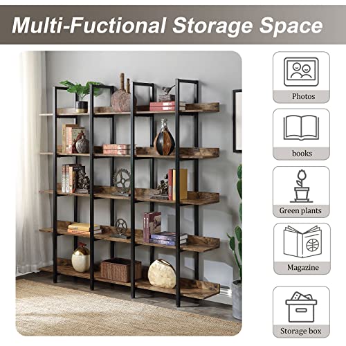 Black Triple Wide 5 Tiers Industrial Bookshelf with Metal Frame T233
