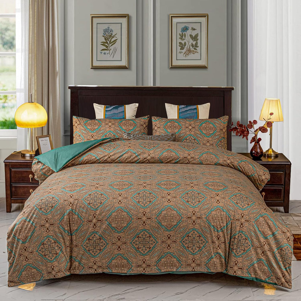 White Queen Green Tropical Leaves Pattern Reversible Cotton Duvet Cover Set C3084