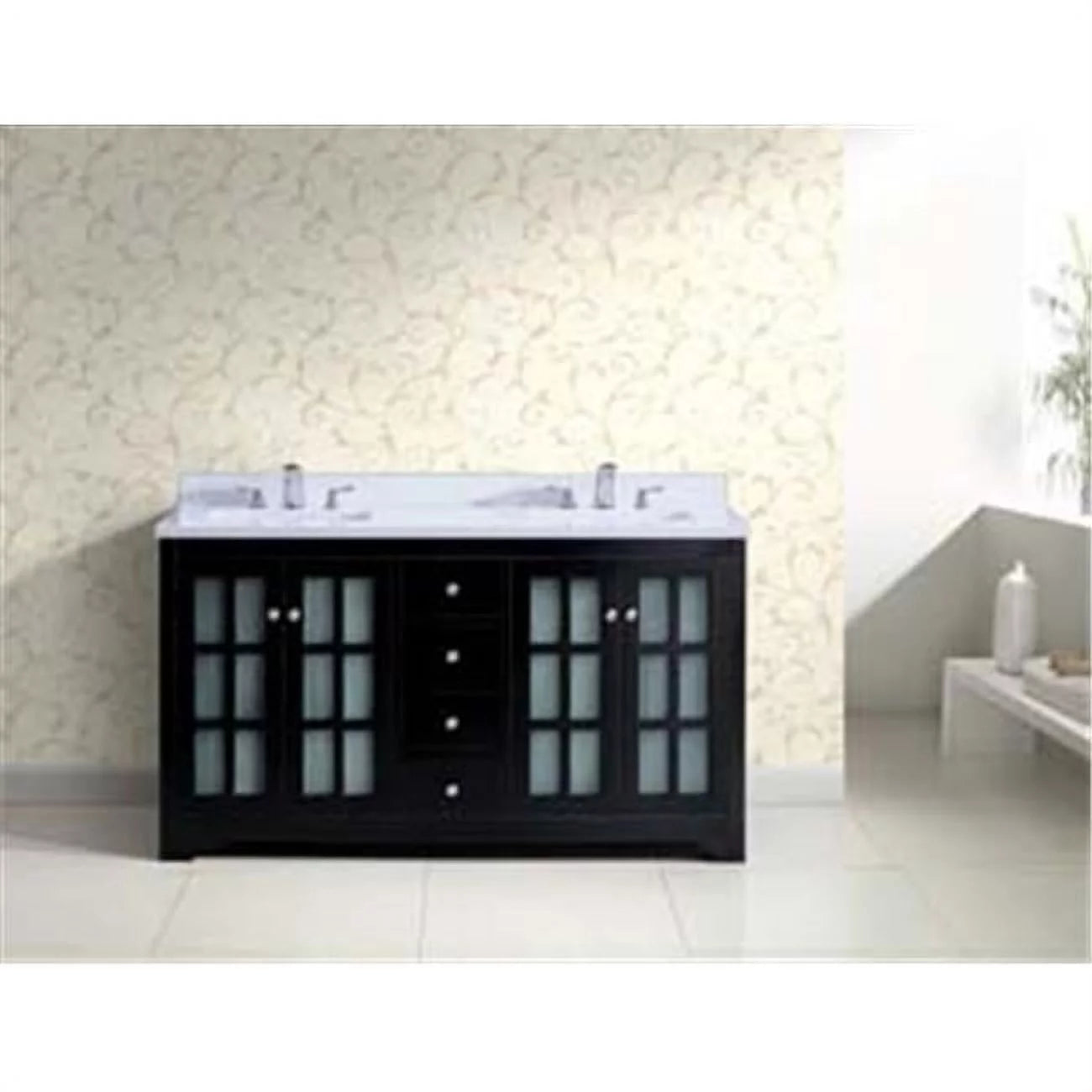 Black Finished Cabinet with Glass Doors and Drawers D56596