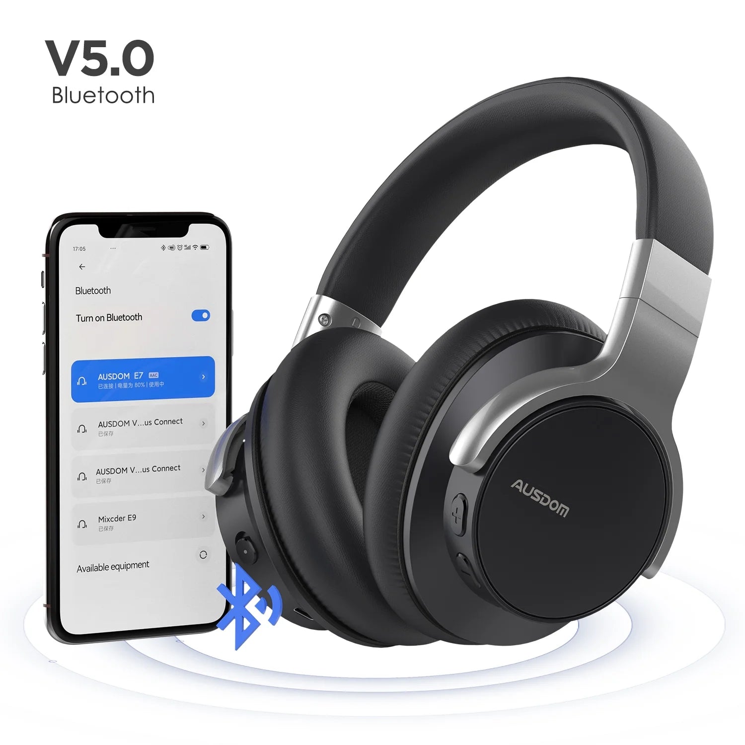Black Active Noise Cancelling Wireless Over Ear Headphones with Mic E938