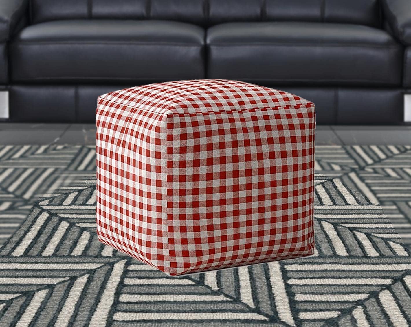 Red and White Cotton Gingham Pouf Ottoman S6505