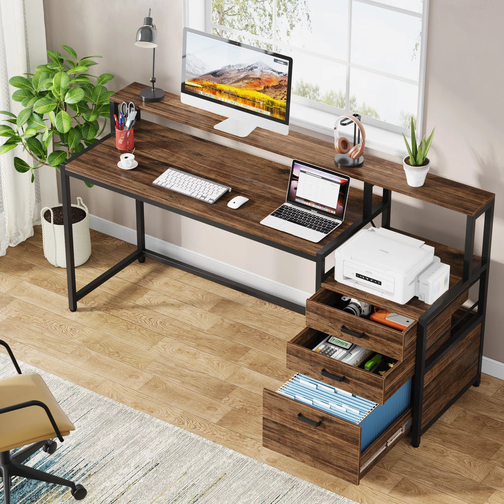 63 Inch Computer Desk with Monitor Stand and Drawers File Cabinet T19250