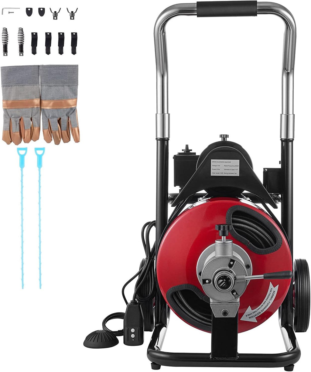 Drain Cleaning Machine 100Ft 3/8Inch Cable 370W Portable Electric Sewer Snake Drain Auger Cleaner with 8 Cutter Foot Switch K1603