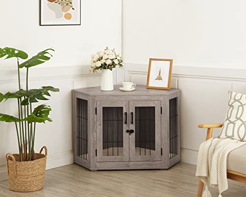 Large Weathered Gray Wooden Dog Crate Corner with Cushion V63829