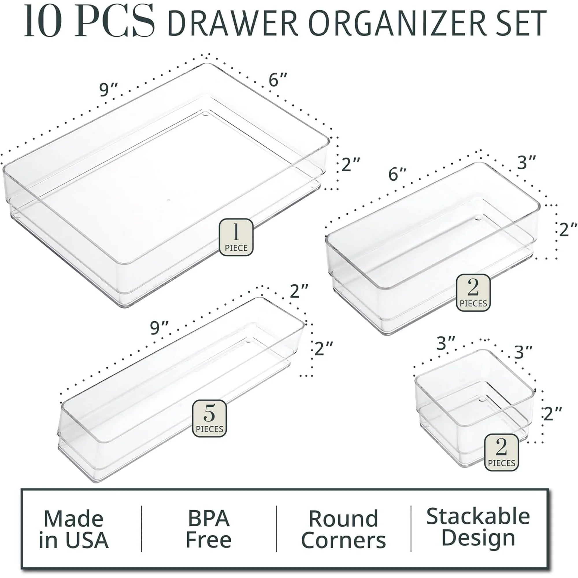 10-piece stackable transparent drawer organizer set O419
