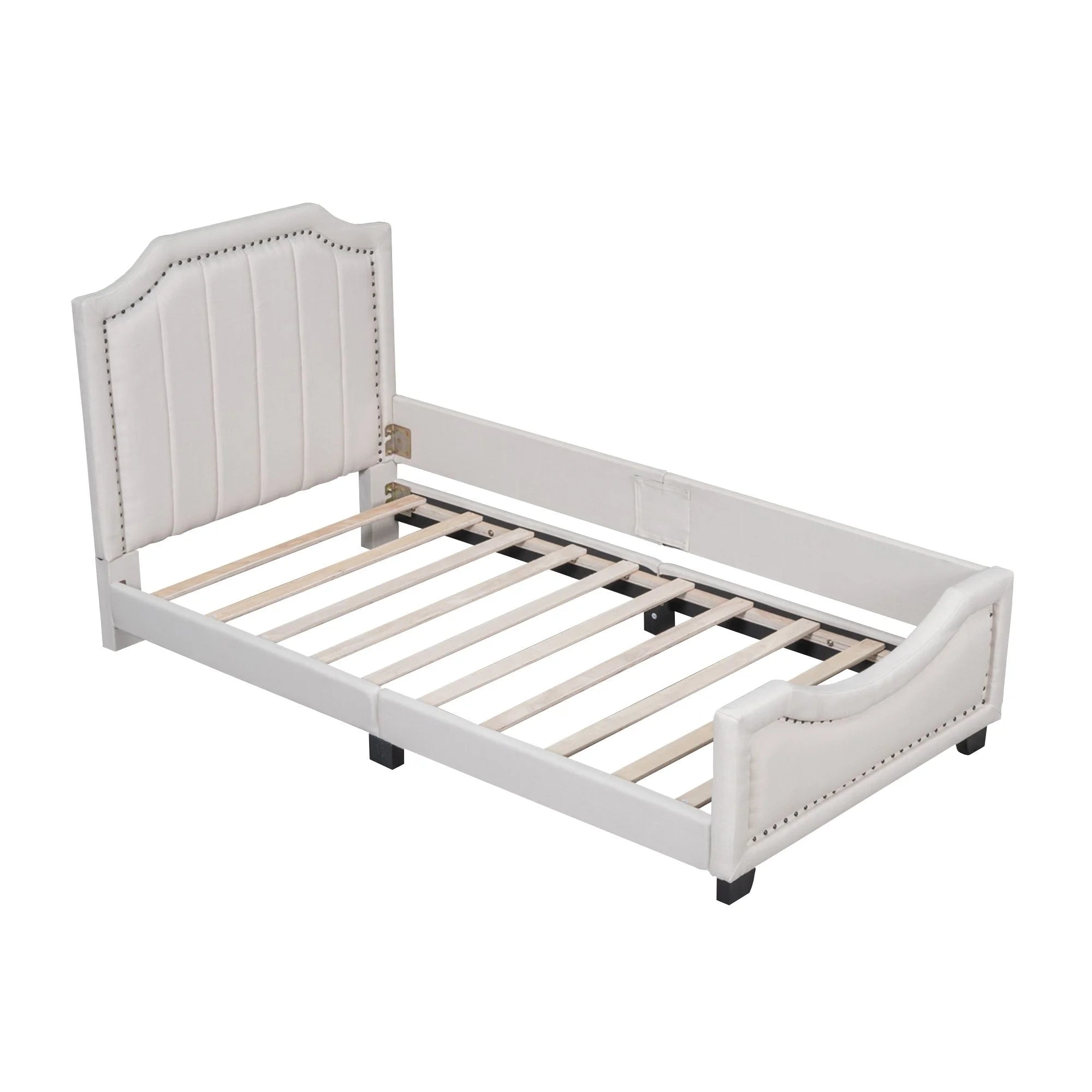 Twin Upholstered Platform Bed with Nailhead Trim and Guardrail D752