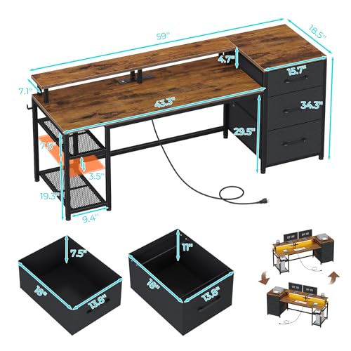 Rustic Brown Office Desk with Drawers and LED Lights L541