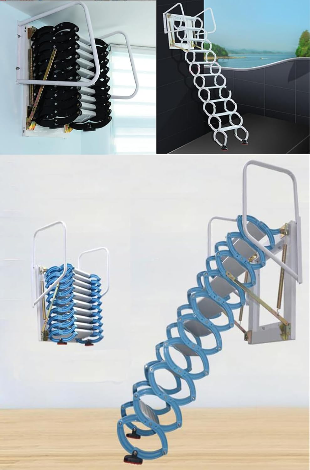 Al-Mg Alloy Attic Steps Pull Down 12 Steps Folding Ladder with Armrests 9.8ft Height 27.6x27.6in Frame Size G8555