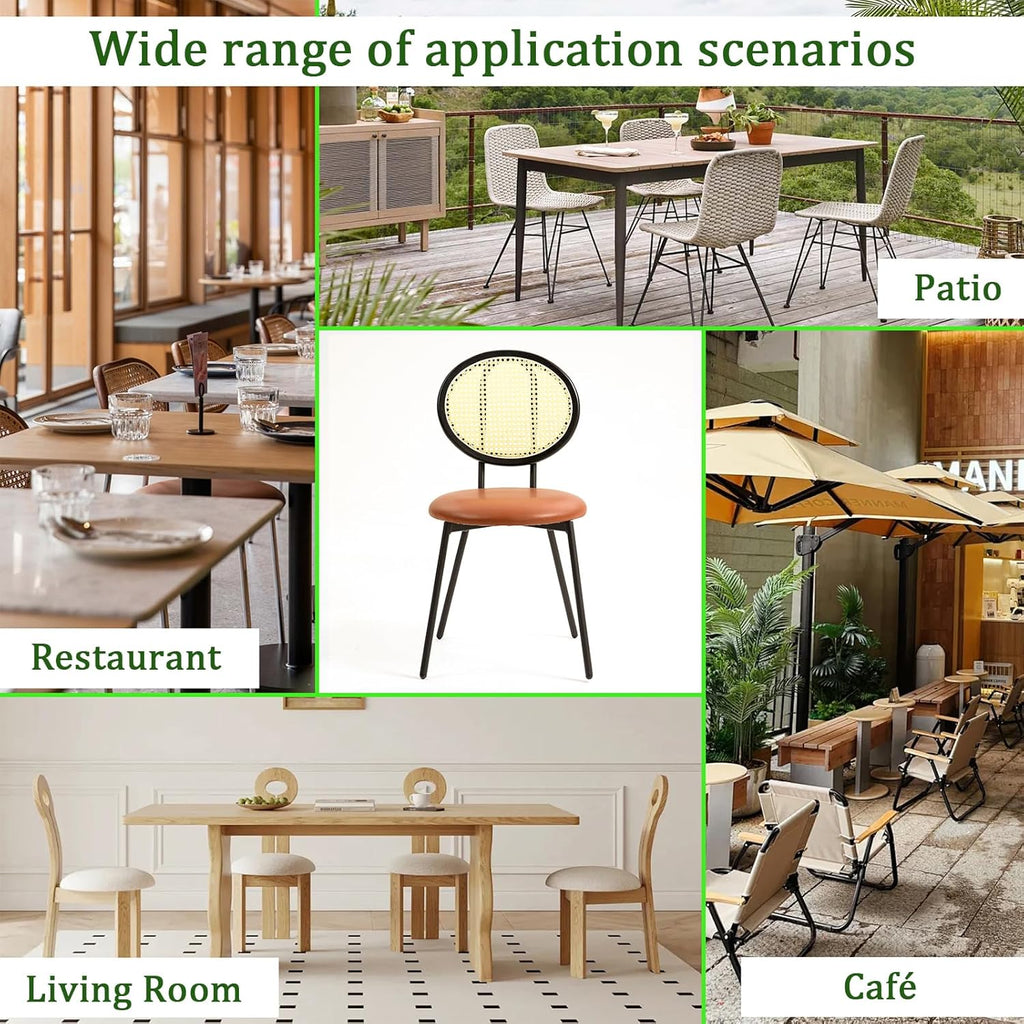Set of 4 Dining Chairs with Rattan Backrest and PU-Leather Cushion Seat (Brown) P716