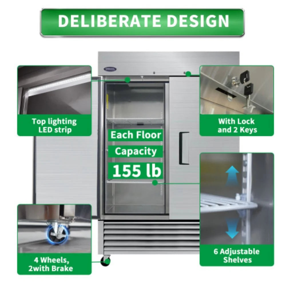54" Commercial Refrigerator 49 Cu.ft 2 Solid Door Reach-In Stainless Steel Upright Fridge L503801
