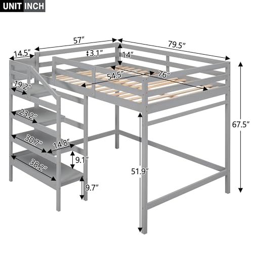 Full Size Gray Wooden Loft Bed with Staircase and Storage Wardrobe H54327