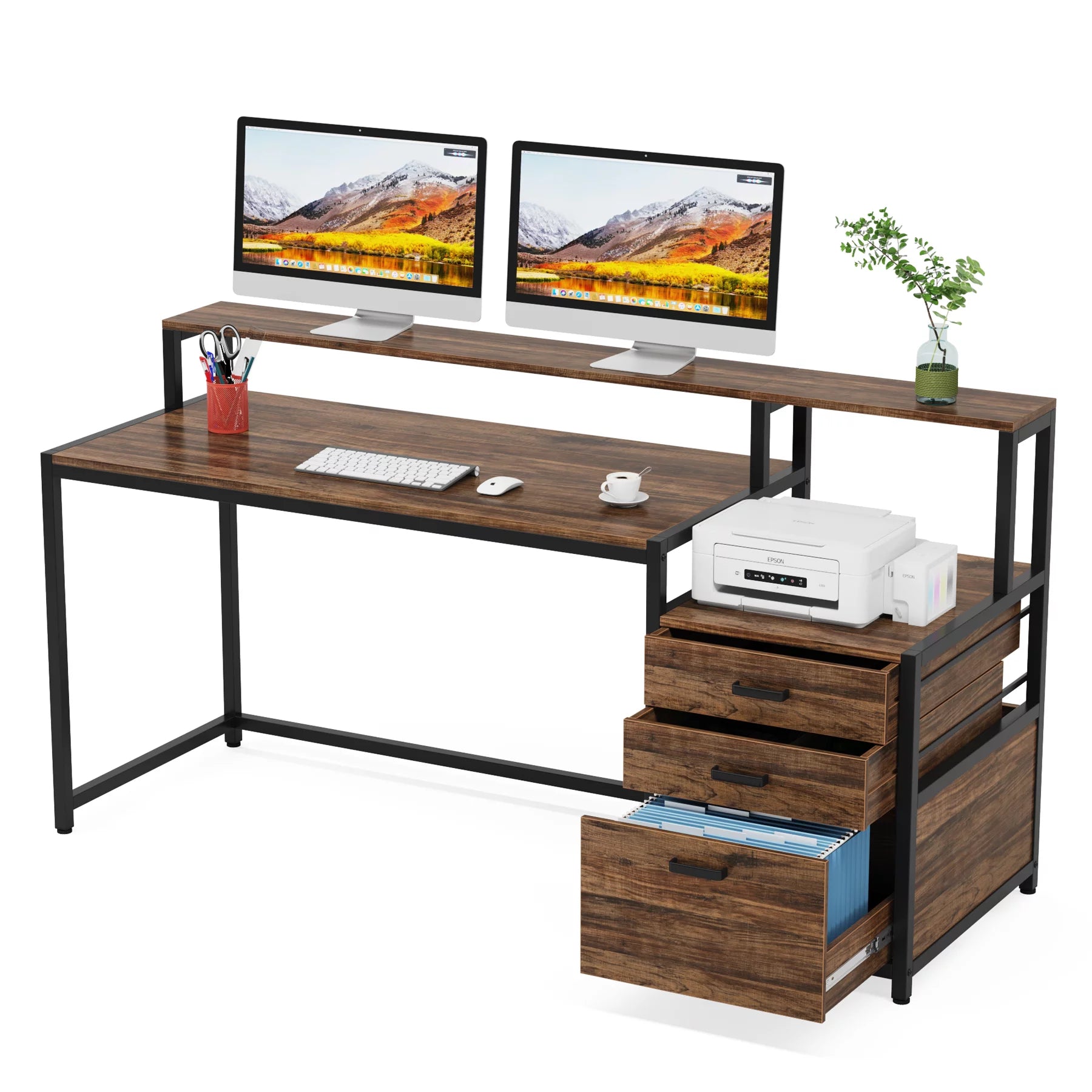 63 Inch Computer Desk with Monitor Stand and Drawers File Cabinet T19250
