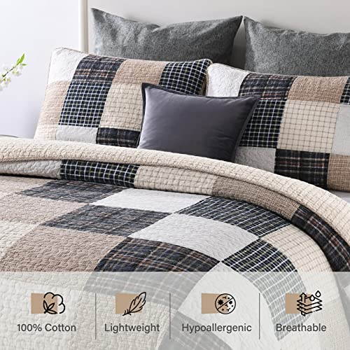 100% Cotton Grey Patchwork Plaid Queen Size 3 Pieces Quilt Bedding Set J3203