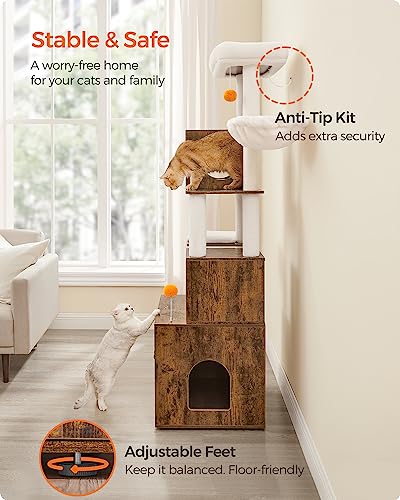 70.8-Inch Tall Cat Tree with Litter Box Enclosure, Scratching Posts, Perch, Caves, Basket, Washable Cushions Y15795