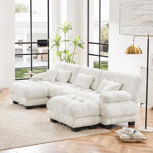 White Oversized Chenille Modular Sectional Sofa with 2 Ottomans E767